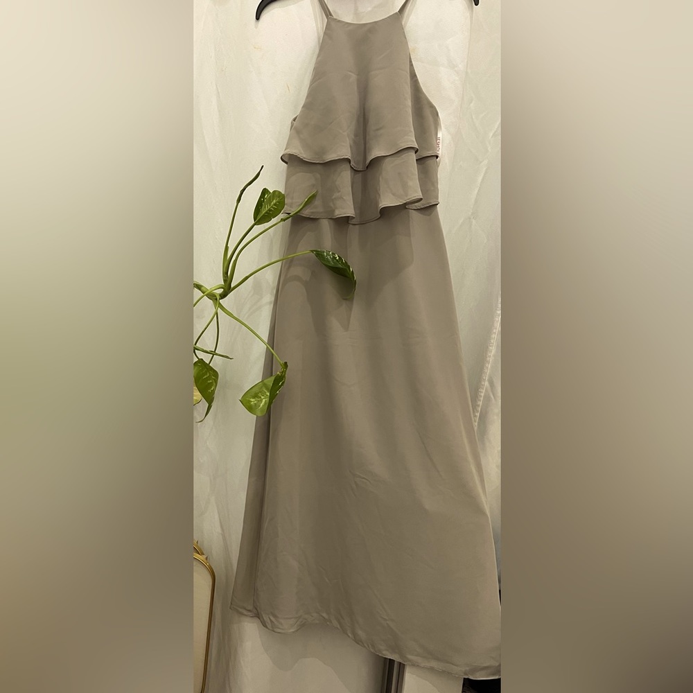 JJs House Taupe Halter Neck Shoulder Chiffon Bridesmaid Dress Maxi Size Small